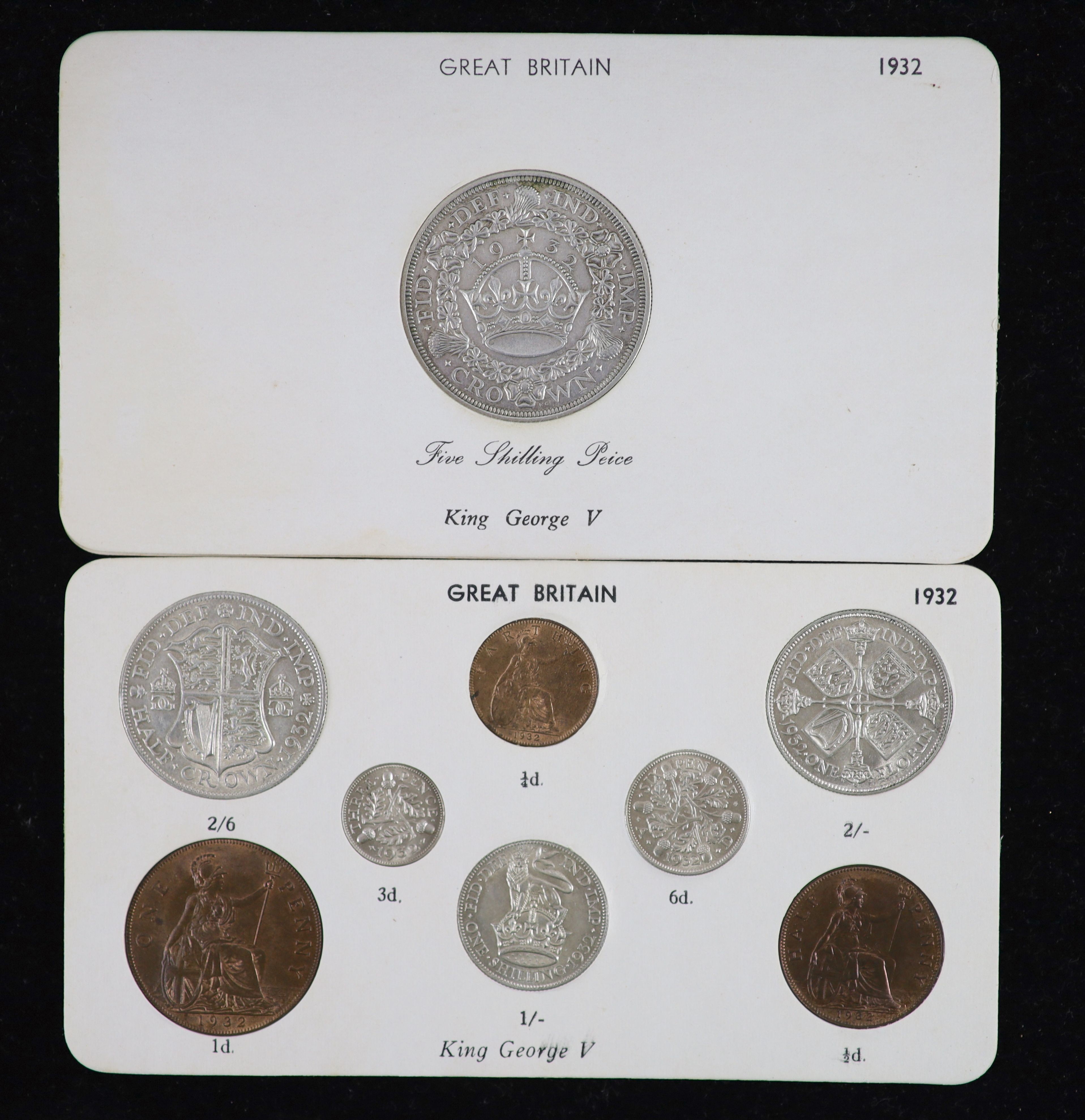 A George V specimen set of nine coins, 1932, fourth coinage, comprising Crown, (S4036), cleaned otherwise about EF, halfcrown and florin, cleaned otherwise good VF or better, shilling, sixpence and threepence, cleaned ot